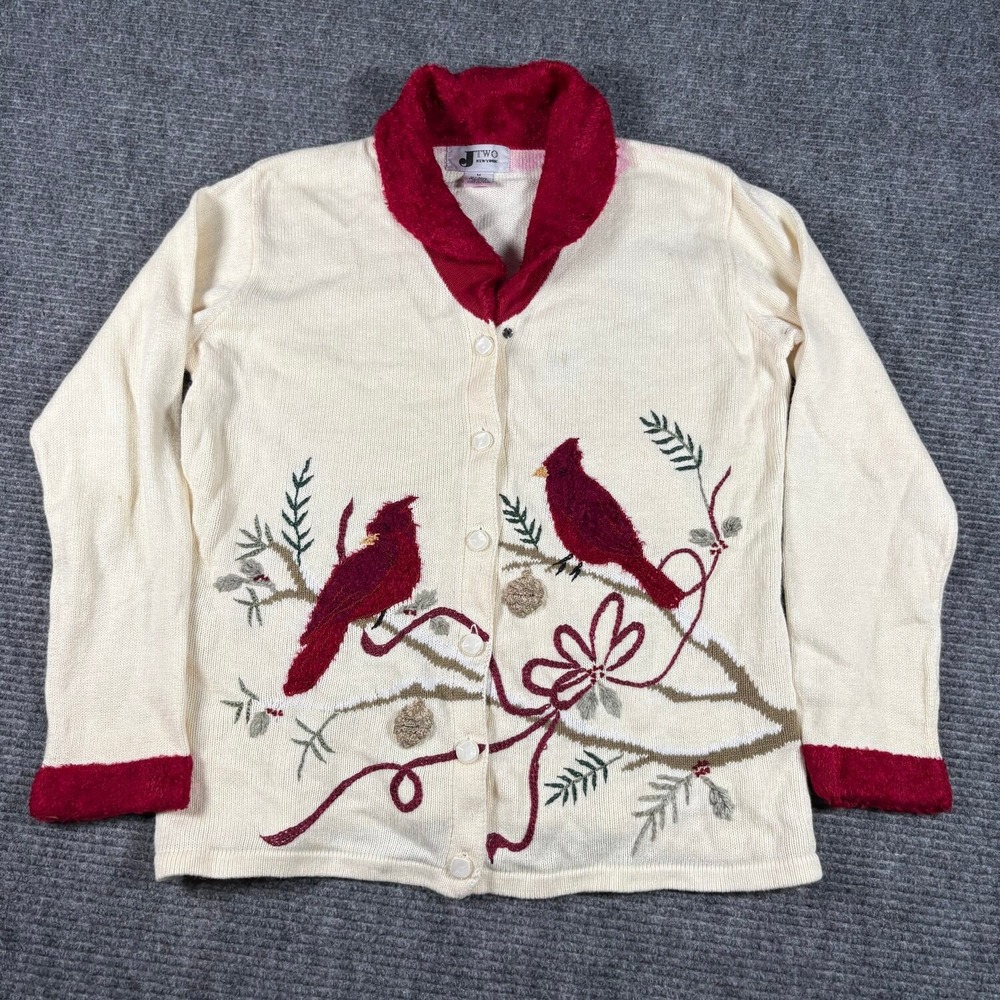 J Two New York Cardigan Women M Cream Good Cardinal Bird Faux Fur Shawl Collar